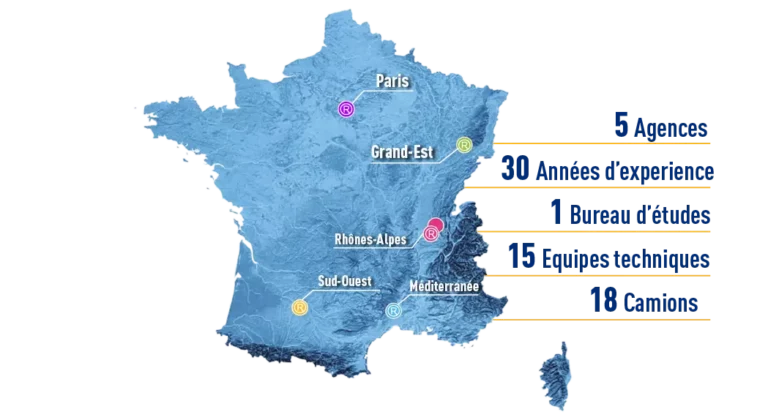 Carte des agences Les Résineurs en France : 5 agences, 30 ans d'expérience et 15 équipes techniques.